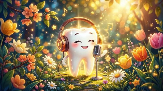 Smiling tooth character wearing headphones and singing into microphone in magical flower garden. Whimsical dental fun with music theme. Illustration for oral health awareness and joyful hygiene