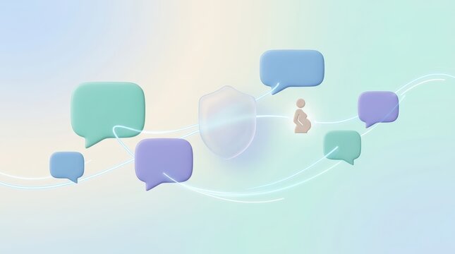 Floating chat bubbles with shield and pregnant woman icon on pastel background