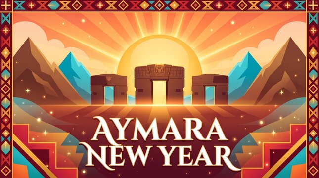 Aymara new year celebration with the gate of the sun in tiwanaku, bolivia, featuring andean cultural motifs and sunrise