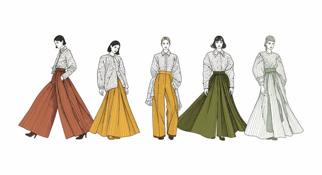 fashion illustration of women in flowing skirts and wide-leg pants