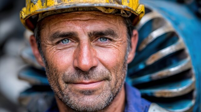 Close up portrait of a male industrial worker in a yellow hard hat. Smiling man with blue eyes in a factory setting. Engineering and manufacturing concept