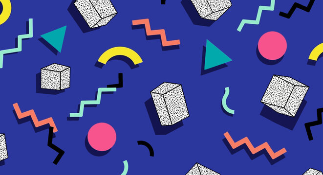 retro 80s memphis design pattern with geometric shapes and cubes abstract background