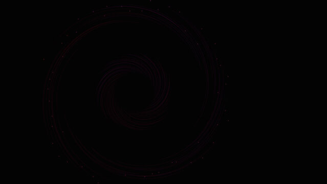 Vibrant magenta spiral vortex with shimmering dots and circular light trails on blackness.