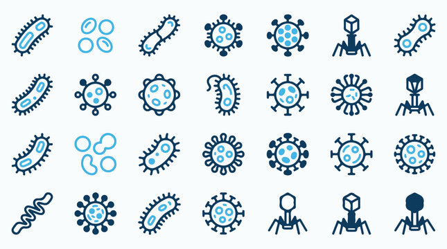 Virus and Bacteria Microbe Icon Set in Blue Tones
