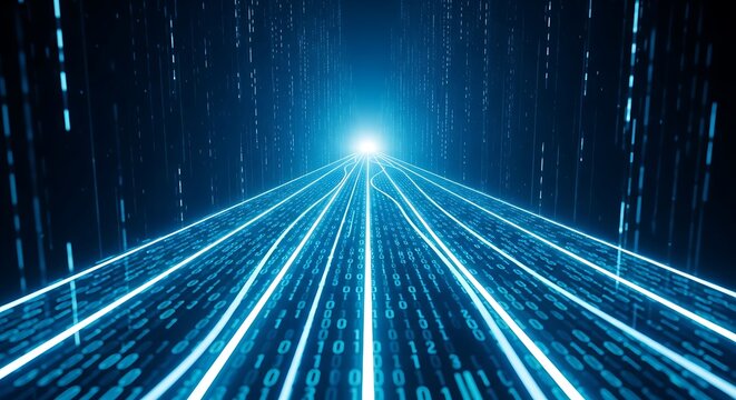 Abstract Digital Data Stream Tunnel with Binary Code and Light Trails