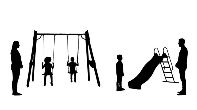 Silhouette of children playing on a swing set and slide isolated on transparent background, Vector