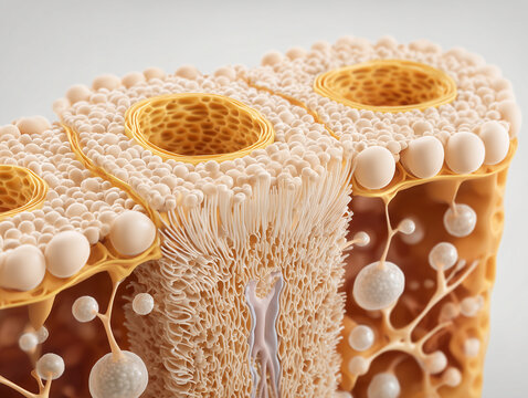Human compact bone osteon anatomy illustration showing 3D Haversian canal system cortical bone architecture lamellae osteocyte lacunae and bone matrix cellular organization in warm amber gold tones on