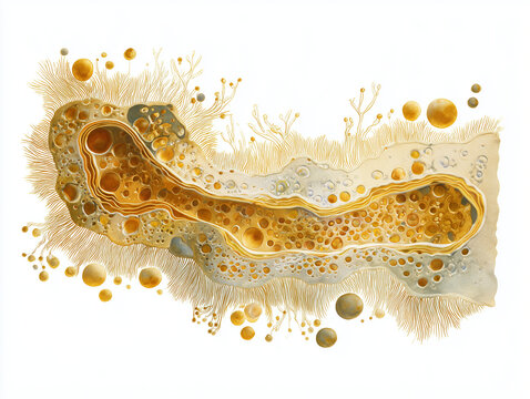 Human hepatic stellate cell anatomy illustration showing liver sinusoidal cellular architecture with vitamin A storage droplets perisinusoidal space and hepatic cellular organization in warm amber gol