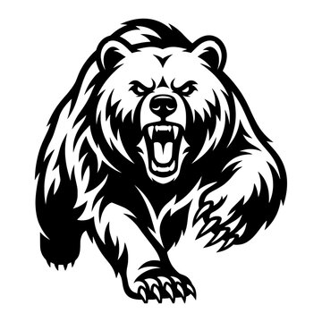 Aggressive grizzly bear roaring and lunging forward with claws extended, depicted in a bold, graphic style.
