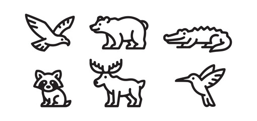 Fototapeta premium Diverse Collection of Minimalist Line Art Animal Icons, Featuring Eagle, Bear, Alligator, Raccoon, Moose, and Hummingbird for Modern Graphic Design