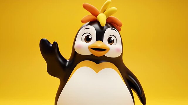 Cute Penguin Mascot Waving on Yellow Background - A cheerful 3D animated penguin mascot with colorful head feathers is waving its flipper against a solid yellow background.