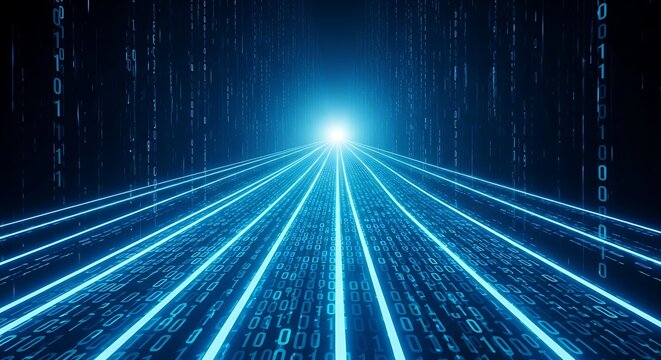 Digital Data Stream Tunnel with Glowing Blue Light and Binary Code