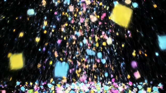 Colorful Abstract Squares and Dots Falling Down - An abstract animation features colorful squares and small dots falling dynamically against a dark background.