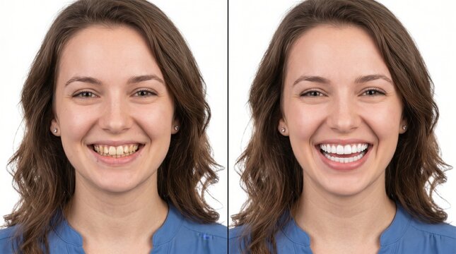 Smiling woman before and after teeth whitening, showcasing a bright, healthy smile and improved confidence in a split-screen portrait