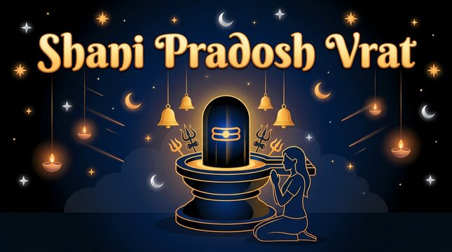 Shani pradosh vrat illustration with lord shiva lingam and a devotee praying