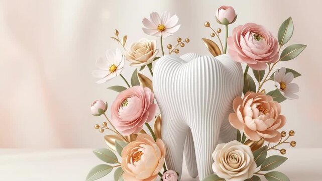 White molar tooth surrounded by pink peonies and green leaves. Floral dental decoration for oral hygiene. Gentle care and health concept illustration