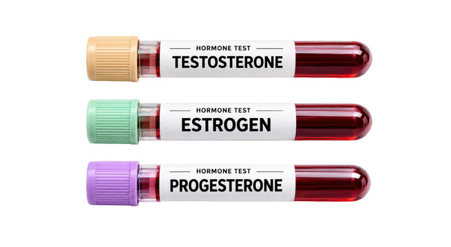 Hormone Blood Test Tubes for Testosterone Estrogen and Progesterone Isolated on Transparent Background