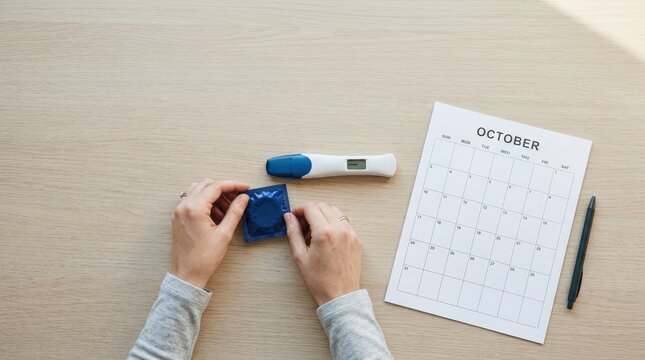 Hands placing sealed condom wrapper next to pregnancy test and calendar