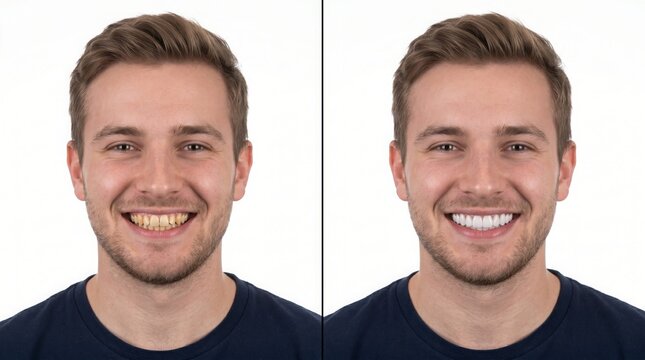 A striking side-by-side depiction of a contented young man's smile transformation, symbolizing the remarkable advantages of contemporary teeth beautification and improved oral health