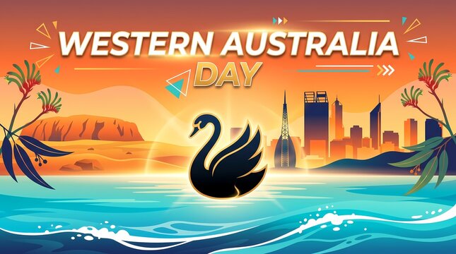 Western australia day celebration banner with black swan, perth skyline, and kangaroo paw flowers at sunset