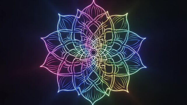 Colorful Neon Mandala Pattern - An abstract digital mandala design features a symmetrical, ornate pattern.