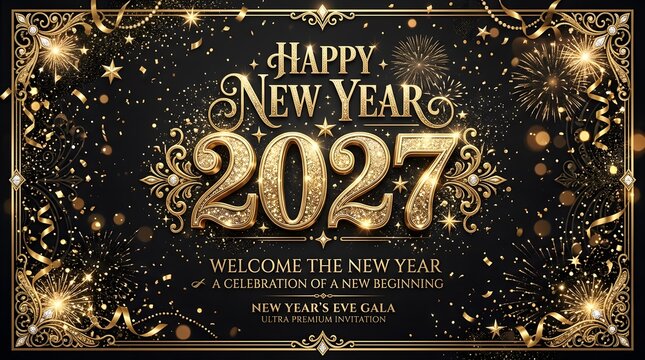 Elegant gold glitter happy new year 2027 gala invitation with sparkling fireworks on black background.
