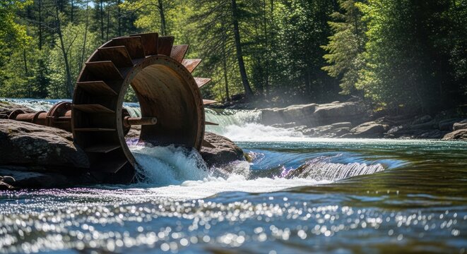 Water wheel in nature renewable energy source near forest river