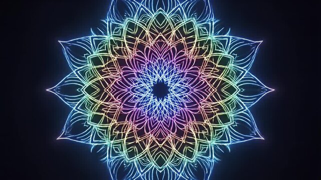 Neon Rainbow Abstract Mandala Pattern - A vibrant, symmetrical mandala design glows with neon lines in a rainbow gradient against a dark background.
