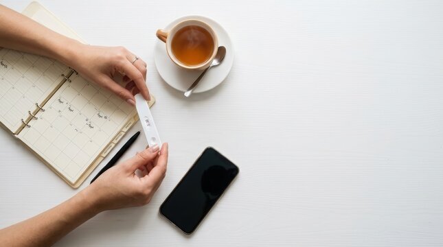 Female hands placing unbranded pregnancy test beside planner and cup of tea