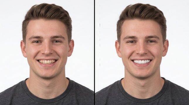 A clear comparison showcasing a man's radiant smile transformation, highlighting improved dental aesthetics and confident expression