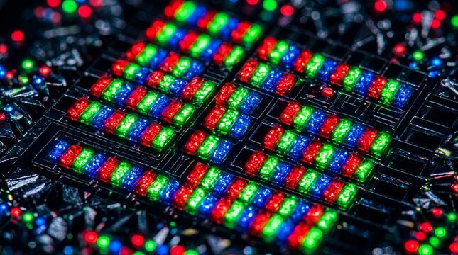 Macro view of a colorful microchip pixel array