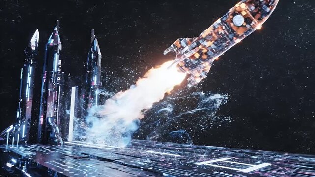 Abstract Digital Rocket Launching from Futuristic Platform - A digital rocket launches from a glowing, circuit-board-inspired platform against a starry, dark background.