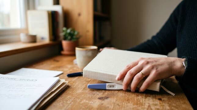 Hand closing blank notebook over pregnancy test on wooden desk