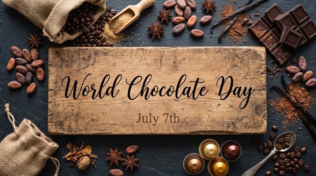 World Chocolate Day July 7th celebration background with cocoa beans, chocolate bars, coffee beans, and brown sugar flat lay