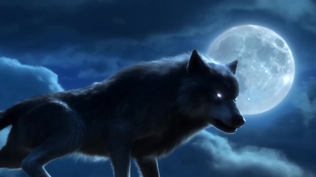 Tracking shot of wolf approaching cliff edge with glowing eyes under full moon and cloudy night sky
