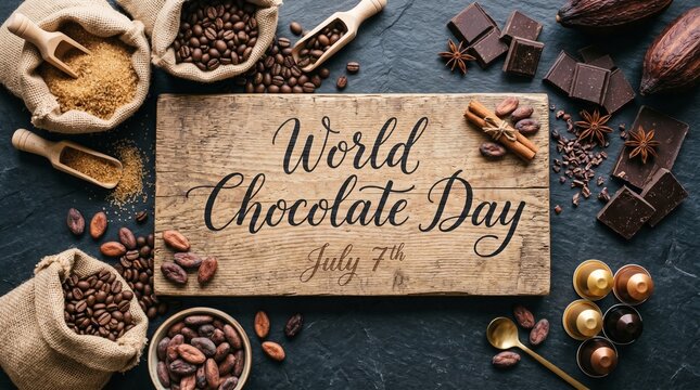 World Chocolate Day July 7th celebration background with cocoa beans, chocolate bars, coffee beans, and brown sugar flat lay