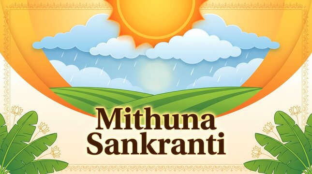 Mithuna sankranti festival greeting card with sun, clouds, rain, and green fields