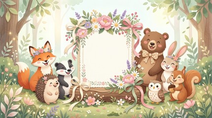 Obraz premium Smiling woodland animals gathered around floral decorated blank sign in forest