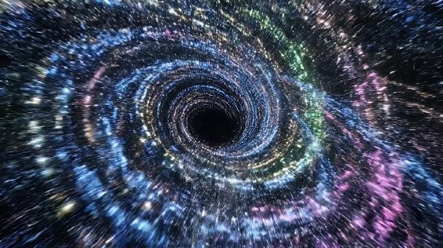 Abstract Swirling Vortex of Colorful Energy - A digitally video vortex of shimmering energy swirls inwards towards a dark center.