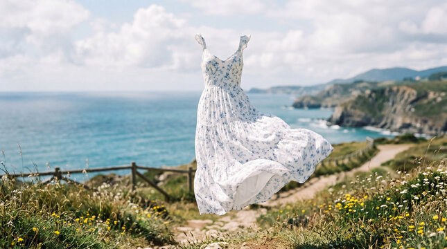 Summer dress floating above coastal pathway with ocean cliffs and wildflowers, dreamy fashion scene for apparel campaigns, travel advertising, lifestyle editorials, and feminine branding.