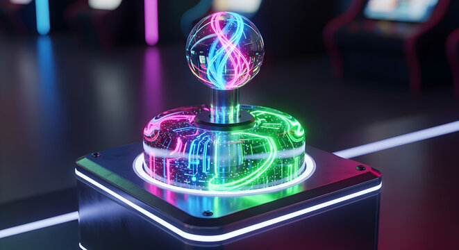 Futuristic glowing orb on a pedestal with neon lights