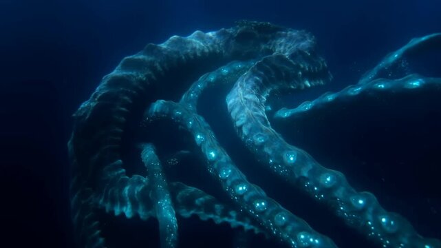 Slow motion tracking shot of bioluminescent octopus tentacles undulating and reaching in deep underwater ocean abyss