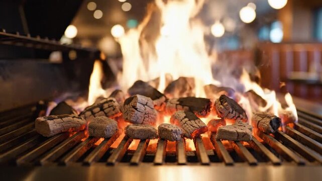 Cinematic Low-Angle Shot of Glowing Charcoal Embers and Swirling Smoke in Professional Grill, 4K High-End BBQ Background Stock Video