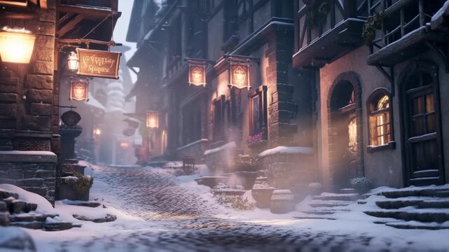 Tracking shot through snowy medieval street with glowing lanterns and cobblestone path at dusk