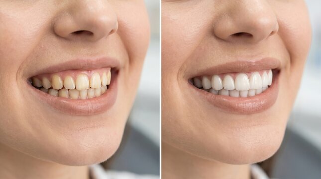 Close-up of a woman's smile before and after professional teeth whitening treatment, showcasing significant brightening and a confident, radiant result
