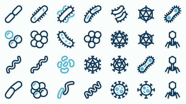 Comprehensive Set of Microbiology Icons Featuring Bacteria and Viruses