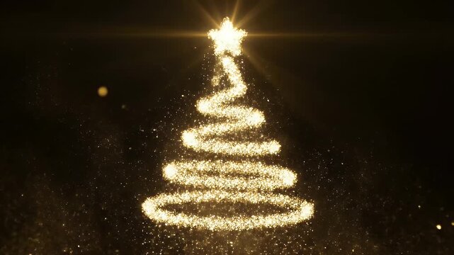 Abstract Golden Glittering Christmas Tree Formation - A luminous Christmas tree shape is formed by swirling golden glitter particles against a dark background.