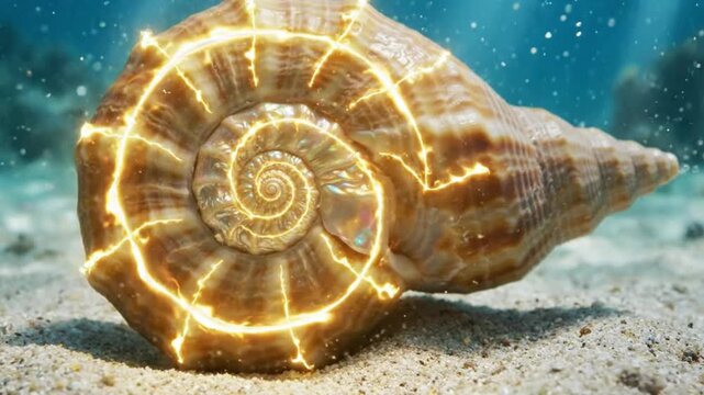 Golden Spiral Seashell Macro, Natural Fibonacci Pattern Underwater, Ocean Life Concept