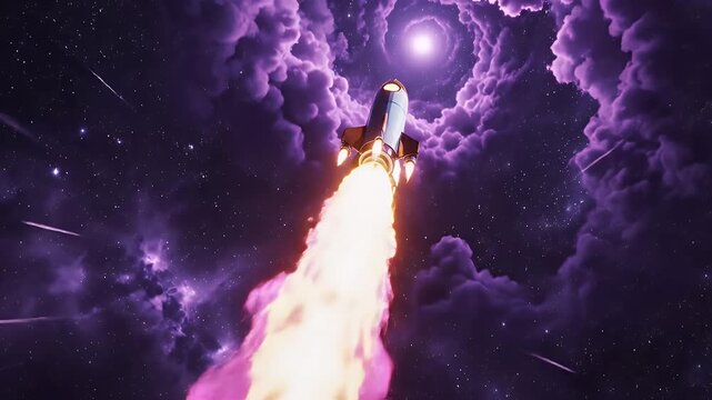 Rocket Launching into Cosmic Nebula - A stylized rocket ascends from a vibrant, glowing launchpad against a backdrop of a swirling purple nebula and a starry sky.
