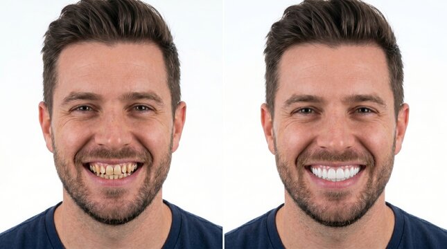Smiling man's dental transformation A remarkable before-and-after comparison showcasing improved teeth whitening and aesthetic appeal
